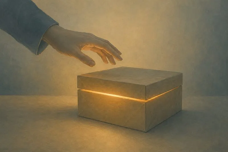 A hand reaches toward a closed box with warm light leaking out from under its lid.