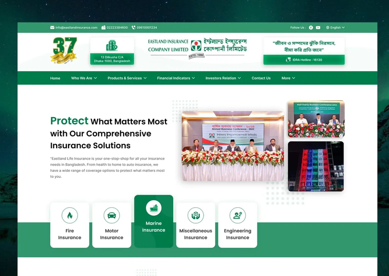 The redesigned Eastland Insurance homepage with a green header and insurance categories.