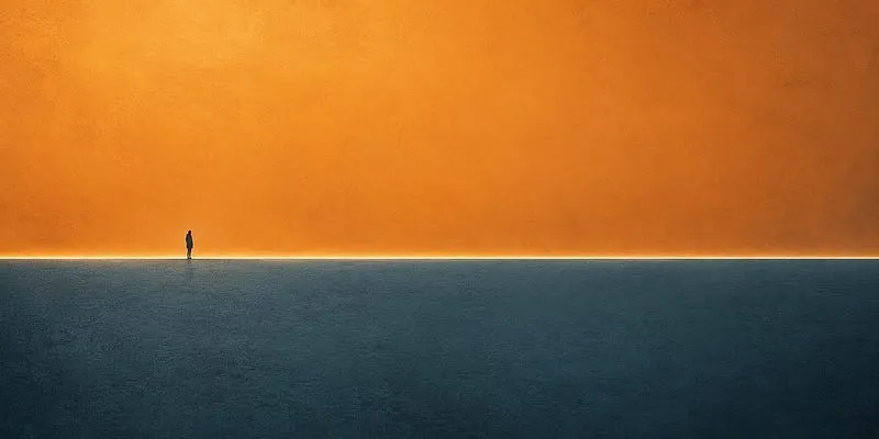 A tiny figure stands on a dark plain facing a vast glowing orange horizon.