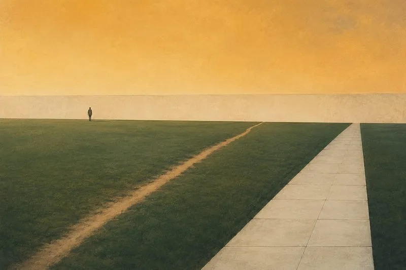A dirt path worn diagonally across a lawn, beside a straight paved walkway, with a lone figure far off by a wall.