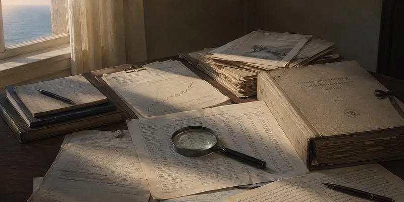 A desk by a sea window covered in old property records, tables of figures, a thick ledger and a magnifying glass.