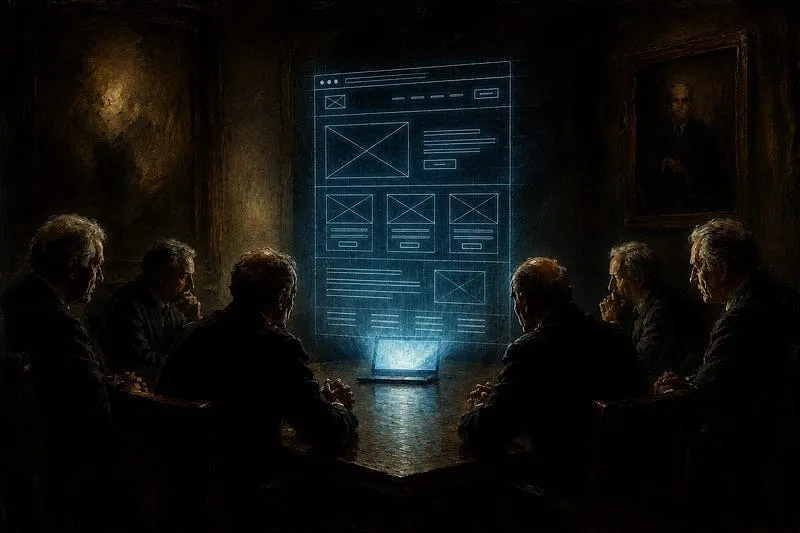 A dark, old meeting room: older men sit around a table, and above a small laptop a glowing blue wireframe of a website hangs in the air.