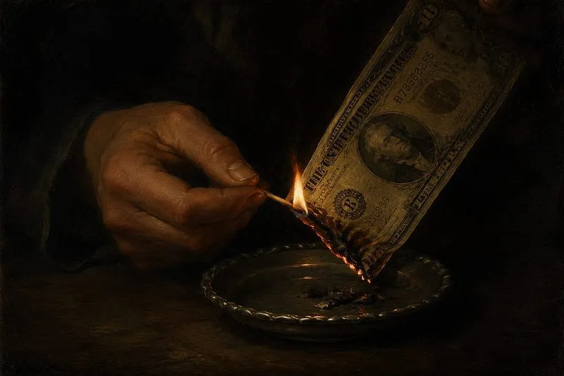 A hand holds a lit match to the corner of a banknote, burning it over a small silver dish in the dark.