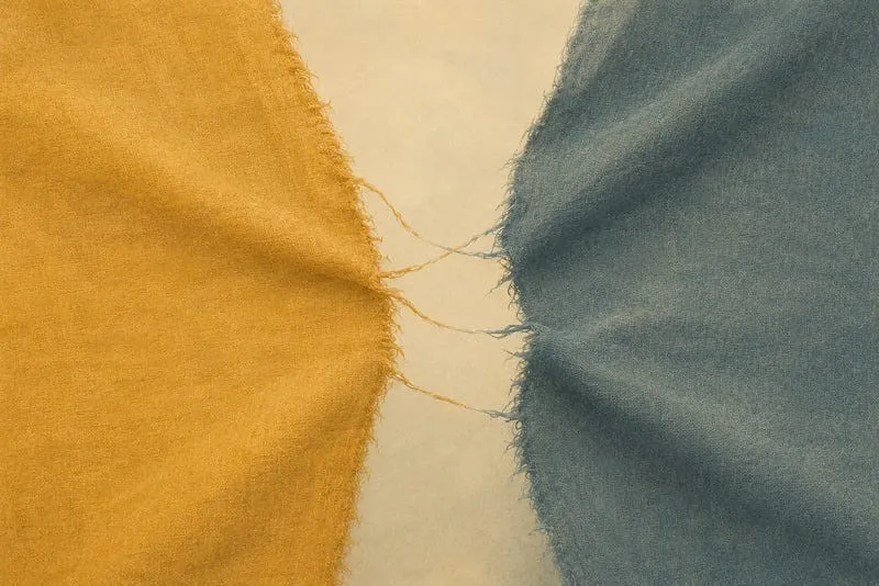 Two pieces of cloth, one yellow and one blue, pulled apart until only a few threads still connect them.