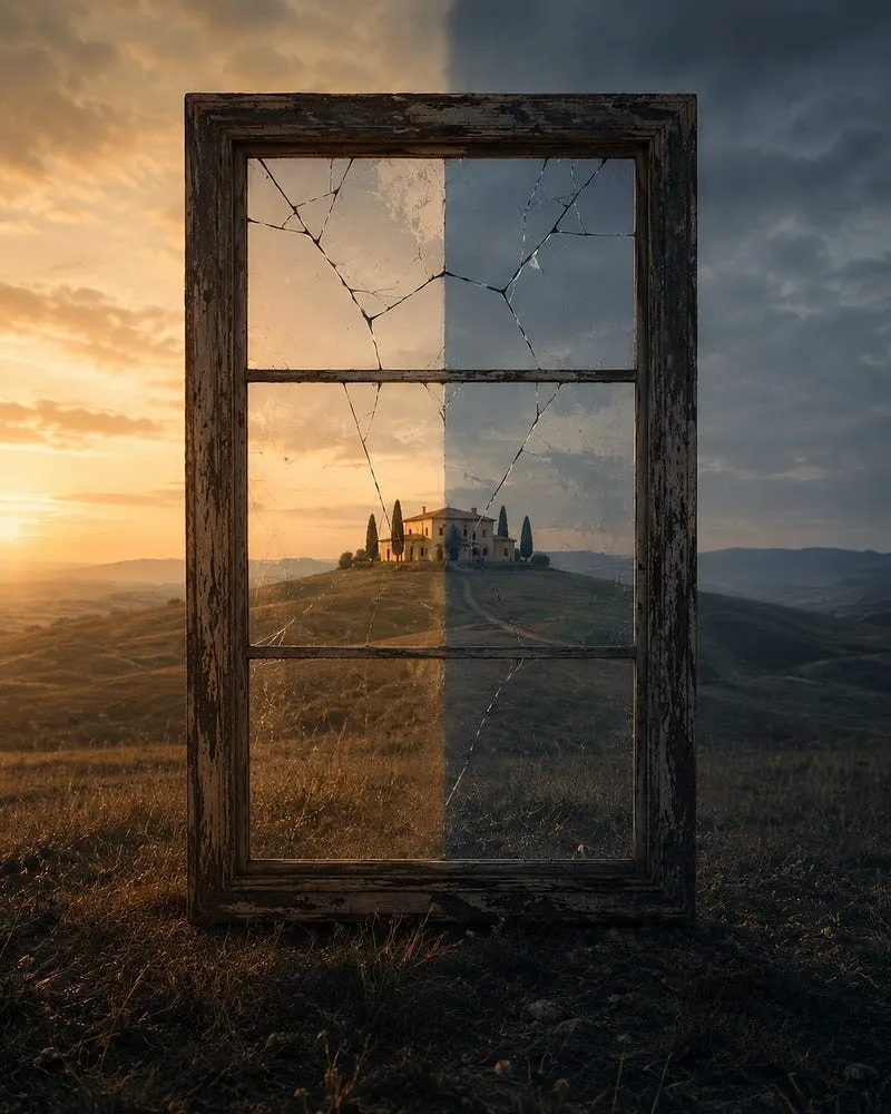 An old window frame stands alone on a hillside: on one side of the cracked glass a villa glows in sunset, on the other the same view is grey and cold.